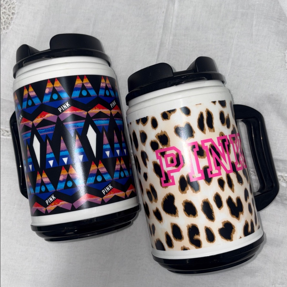 LOT 2 PINK Travel Mug Leopard & Multicolor Aztec Designs Hot Cold drink 24 oz